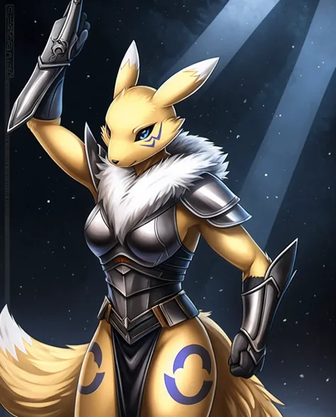 Renamon, dark grey fur, in obsidian armor that is black and grey with golden trim, best quality, masterpiece