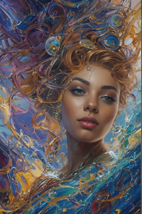 ModelShoot style, (Extremely detailed Cg Unity 8K wallpaper), A chaotic storm of intricate liquid smoke in the head, Stylized abstract portrait close-up of beautiful girl, Extremely colorful,Oil paints，acrycle painting，tmasterpiece，Renaissance style，best q...