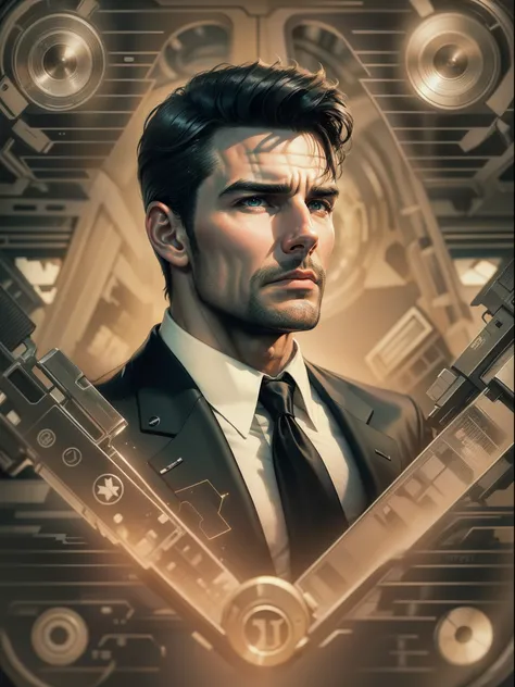 Special Agent Handsome, steals a top-secret scheme, (Dressed in a black special spy suit), Around lasers, tmasterpiece, Ultra-detailed geperrealism, young Tom Cruise, young Sean Connery