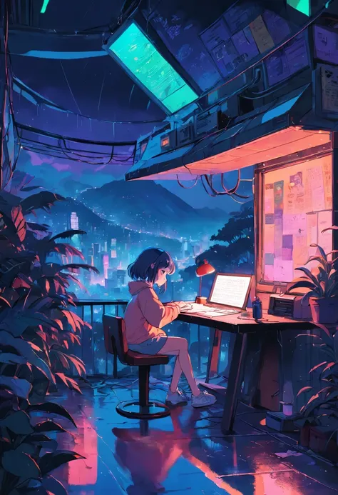 (lofi), Girl studying on the table, Reading a book, Put on the headphones, , Night light, Neon landscape on a rainy day,Analog Color Theme, Lo-Fi Hip Hop , Retrospective, Flat, 2.5D ,line-drawing, Ink drawing, Large incline, watercolor paiting, Goosch colo...