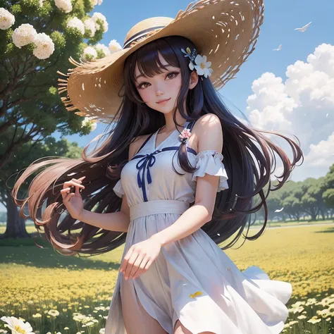 ,kaga kouko, pouple hair, hazel eyes, very twice long hair, twice side hair, smile, white dress, straw hat, flower park, flower, blue sky, flock of birds flying in the sky, flower petals blown by the wind,