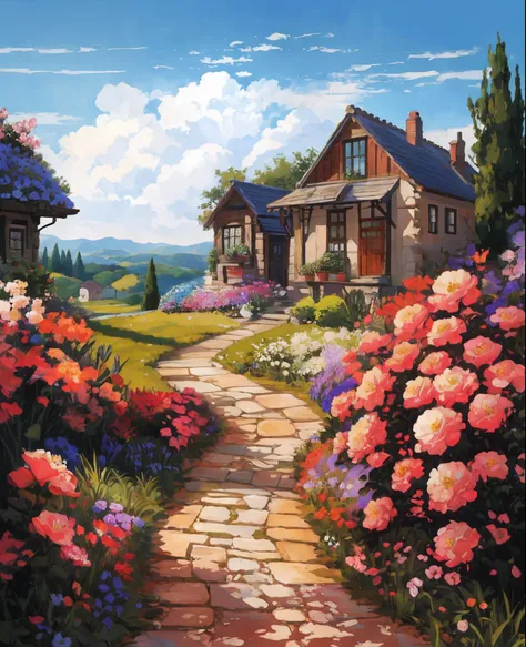 painting of a house in a garden with flowers and a pathway, flowery cottage, rich picturesque colors, full of colors and rich detail, beautiful house on a forest path, scenery art detailed, scenery artwork, idyllic cottage, blossoming path to heaven, inspi...