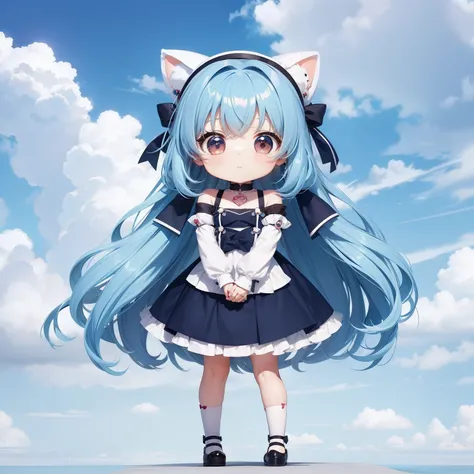 Chibichara　long hair with blue hair((Chibi Chara))、Fluffy、girl with、Chibi Chara、full body Esbian、Pastel colors hair、masutepiece、top-quality、