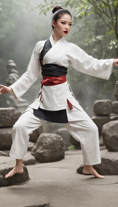 The expression is a smile. Produce a caucasian female martial artist costume designed in shades of white and black. Give this image a dynamic feeling of fire and wind. Next, add a combat outfit (raw legs or tights) designed to accentuate the lines of the b...