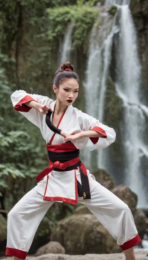 The expression is a smile. Produce a caucasian female martial artist costume designed in shades of white and black. Give this image a dynamic feeling of fire and wind. Next, add a combat outfit (raw legs or tights) designed to accentuate the lines of the b...