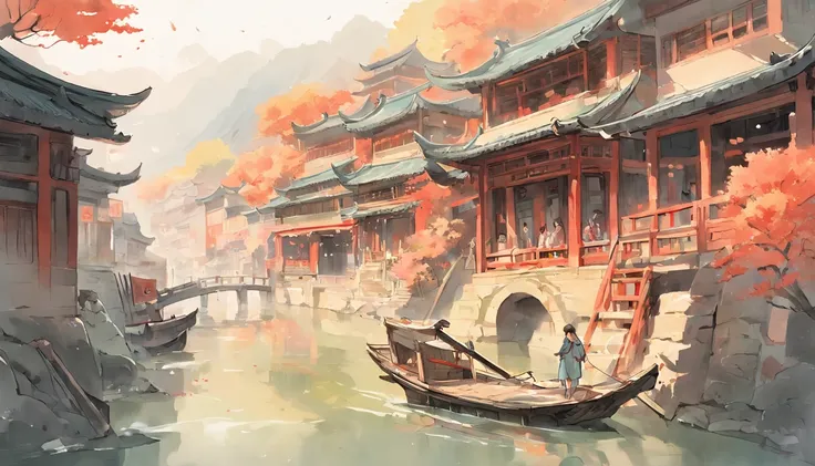 Art graphics, Big fish begonia illustration style，River paintings of boats and buildings in the background, chinese artist, Chinese watercolor painting, Chinese Ancient Architecture, landscape artwork, Chinese watercolor style, dreamy Chinese towns, Chines...