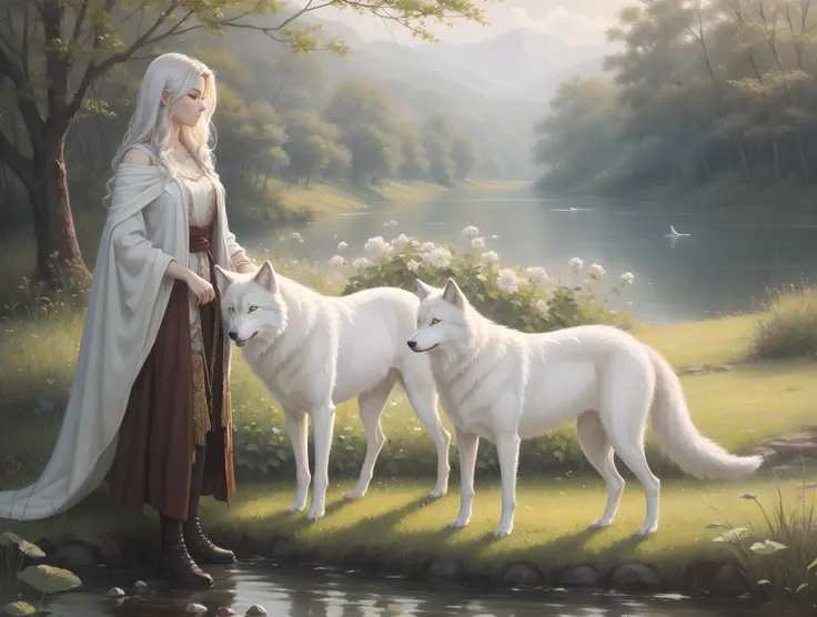 Create a stunning oil painting of a girl with long white hair and her white wolf, the atmosphere is serene aesthetically