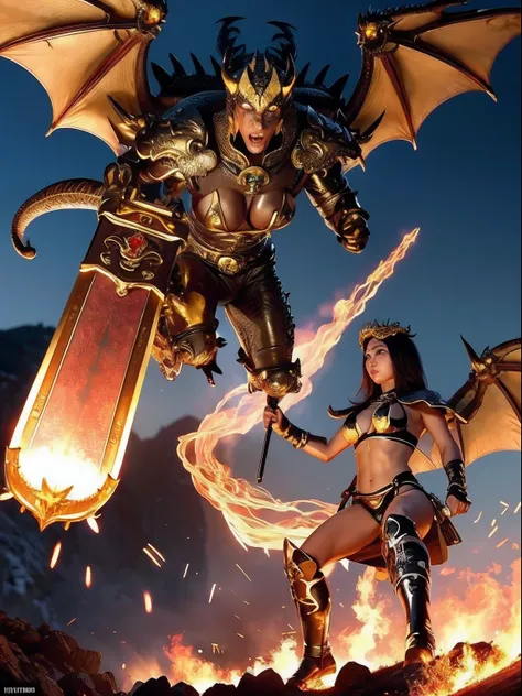 Professional , ​masterpiece、top-quality、photos realistic , depth of fields 、（Dragon Black Metal Body:1.９),(Mattretto、（cleavage of the breast）、Dragon Gold Weapon、（Micro Bikini Armor:1.４),Gorgeous gold weapons ,Particles of light、Particles of light、（（ Dragon...