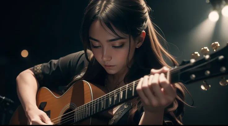 Step into a captivating portrait capturing the essence of a musician, their fingers dancing across the strings of a guitar on a vibrant stage. Through the lens of a Sony α7 III camera, equipped with a 100mm lens set to a wide-open aperture of F 1.2, the ba...