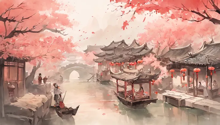 Art graphics, Big fish begonia illustration style，River paintings of boats and buildings in the background, Ancient Chinese Jiangnan landscape，arch bridges，peach blossom，chinese artist, Chinese watercolor painting, Chinese Ancient Architecture, landscape a...