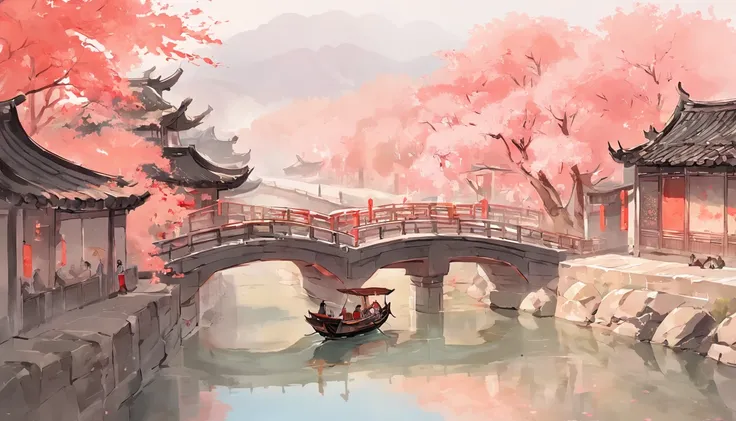 Art graphics, Big fish begonia illustration style，River paintings of boats and buildings in the background, Ancient Chinese Jiangnan landscape，arch bridges，peach blossom，chinese artist, Chinese watercolor painting, Chinese Ancient Architecture, landscape a...