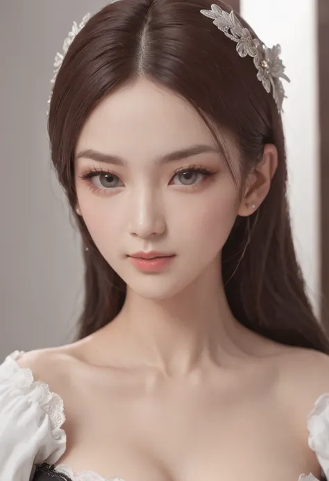 beautiful young woman with、onimous、Thin corners protrude from the temple to the front、stain、azur lane、slim and angular face、pointed chin、Feminine and big eyes、realisitic、ighly detailed、Large accentuated chest、Textured skin、face perfect、High small nose、Obli...