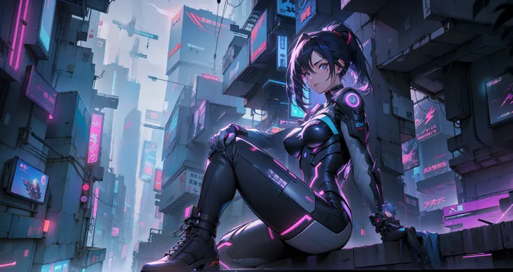 Cyber girl sitting on a ledge in the city at night。Cyberpunk anime art envelops her as digital worlds intersect。Modern cyberpunk art style illuminated by neon lights、It depicts a fusion of an anime girl and a mecha.。This art with a cyberpunk theme is、Feel ...