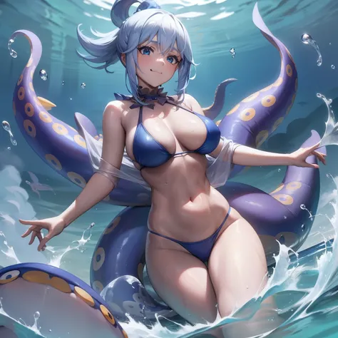 Solo, fine face, long eyelashes, detailed eyes, (high ponytail: 1.3), (blue eyes: 1.3), (detailed hair and white mesh: 1.2), big cleavage, slim, angle from below, full body, swimming in the sea, light blue swimsuit, sheer, entangled by a large octopus, suc...