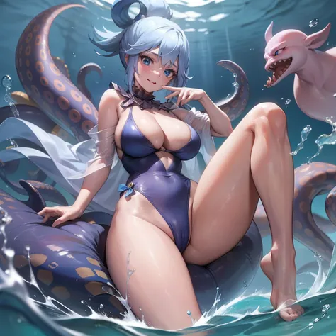 Solo, fine face, long eyelashes, detailed eyes, (high ponytail: 1.3), (blue eyes: 1.3), (detailed hair and white mesh: 1.2), big cleavage, slim, angle from below, full body, swimming in the sea, light blue swimsuit, sheer, entangled by a large octopus, suc...