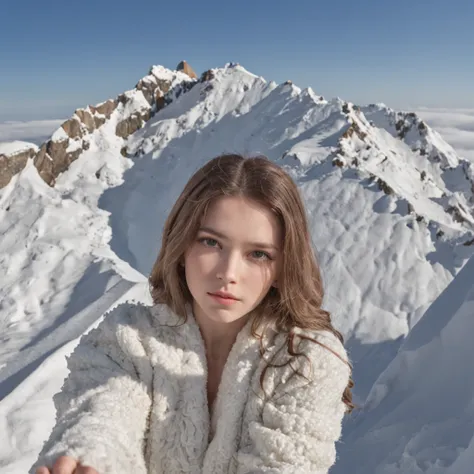 Climb the back of the snowy mountain alone，Very shocking picture，Blue sky