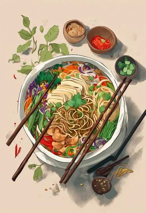 A steaming bowl of Asian noodles, Garnish with colorful vegetables and herbs.