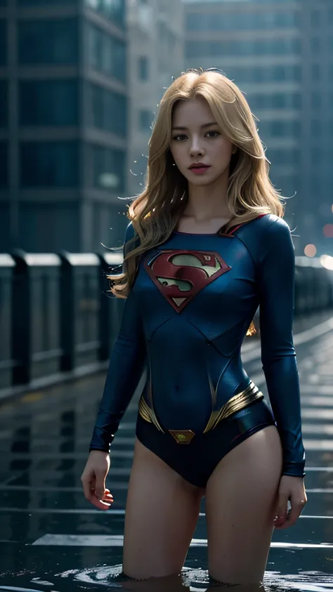 Beautiful woman with wavy blonde hair, delicate and charming blue eyes, Thigh notch, Sexy long legs, Small shorts T-shirt，Superman letter S, Cute futuristic cyberpunk + City, Mist, Damp, rain, Best quality masterpiece, Realistic, Detailed, 8K, hdr, Shallow...