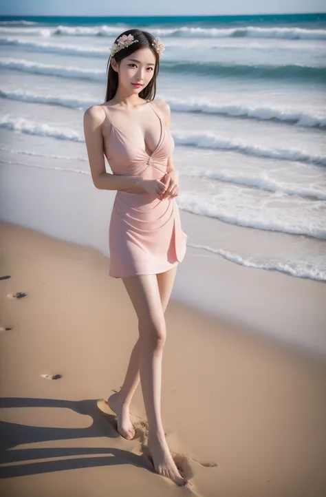 woman in the  sandbeach, Good hips and long legs,  Sexy pose, Very sexy pose, Sexy girl nipple, Attractive pose, gorgeous chinese models, sexy look at the camera, Pose by the sea, Long legs, Long thin legs, very sexy outfit，Big breasts:1.3，Delicate makeup，...