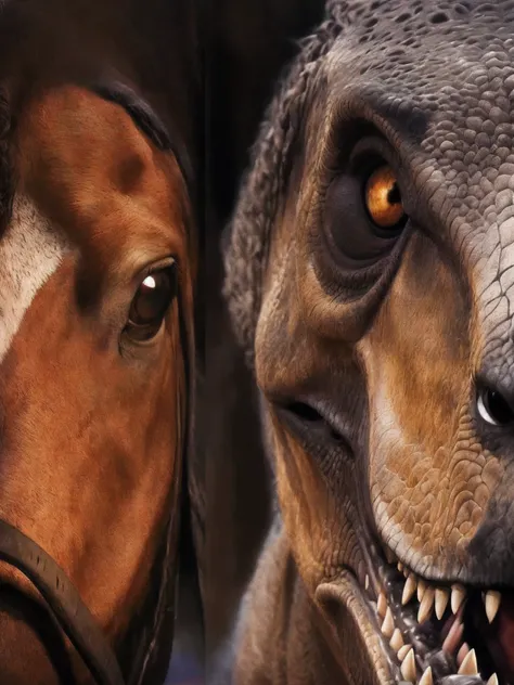 There was a horse and a dinosaur standing side by side, eyes of corporaptor hominis, tom cruise vs carnivore dinosaur, Movie close-up!!, Jar jar Binks, inspired by Bob Eggleton, Visual effects movie close-up, jurassic image, trex, photoreal”, inspired by A...