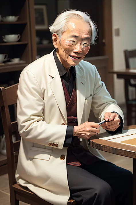 An old Chinese man is 60 years old，Easy to learn master，Kind，One with a brush in his hand，Wearing a white horse coat，sitting before a table，Realistic，Smiling