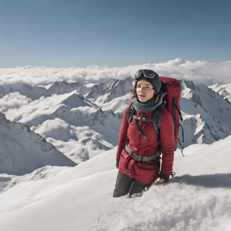 Climb the back of the snowy mountain alone，Very shocking picture，Blue skies