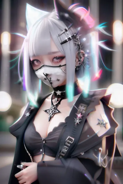 、bob cuts、Blunt bangs、(((A dark-haired))),eye glass、Lunette de soleil、piercings、Forehead、Blunt bangs、Eyebrows are visible、The bikini、goth_punk, 1girl in, 独奏, medium shot, Walking in Harajuku, ((during night)), bokeh dof, Neon light, Iridescent eyes, starry...