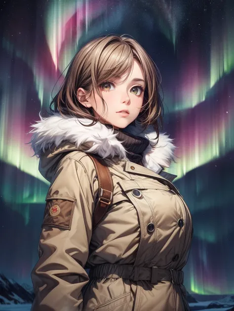 Best Quality, masutepiece, beautiful mature women、Beautiful face、Strong-minded woman、brown haired、Brown-eyed、Longhaire、Undersized eyes、Khaki winter clothes、((Arctic background))、Full body like、Enlarge the background、Aurora、Looking up at the Northern Lights...