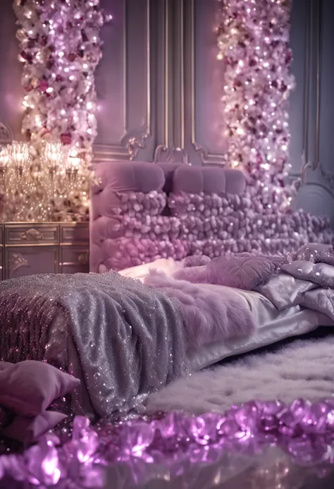 hyper realistic photo, ultra detailed photograph of a beautiful crystal bed, highly detailed pillows, cutecore, photorealistic, iridescent silver purple, hyperrealism, fluffy blankets, shimmering, sheer, sexy, Ultra photoreal, Intricate details, Ultra deta...