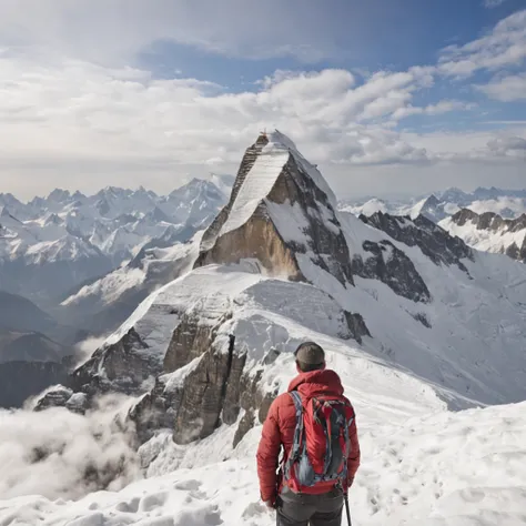 Climb the back of the snowy mountain alone，Very shocking picture，Blue sky