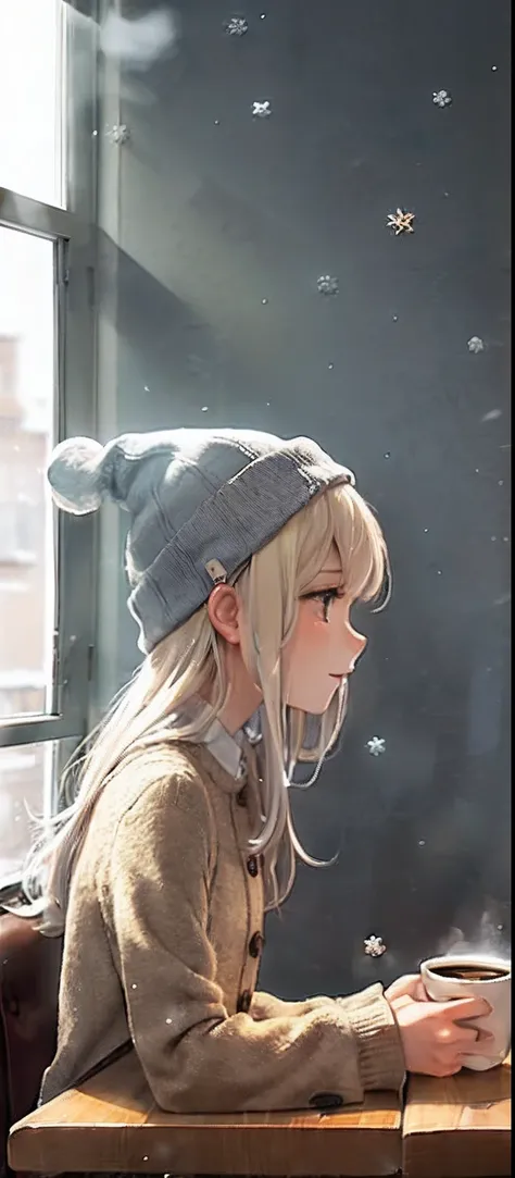 An anime girl（（（lone girl））），（（（Wearing a beanie，Wear clothes with woolen buttons，Long blonde hair））），Sit at a table in a coffee shop，（（（It was snowing outside the window，Outside the window is night，There is a faint light））），Coffee in hand