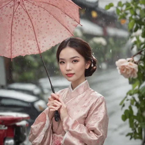 there is a woman holding an umbrella in front of a flower display, on a cloudy day, ao dai, on a rainy day, quy ho, on a sunny day, classy yukata clothing, very low quality, by Tan Ting-pho, very very low quality, on a bright day, one rainy day, cheongsam,...