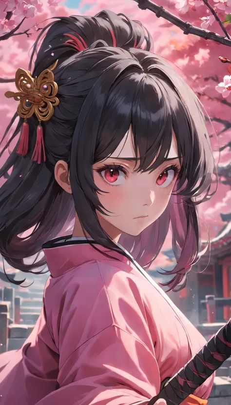 Danfeng Eyes，bushido，The upper part of the body，Black coiled hair，Simple hairpins，Cold eyes，solo person，orthofacial，frontage，Peach blossom background，Highly saturated colors，Hyper Real，8K high-definition，holding a longsword，Absolutely beautiful，high light，...