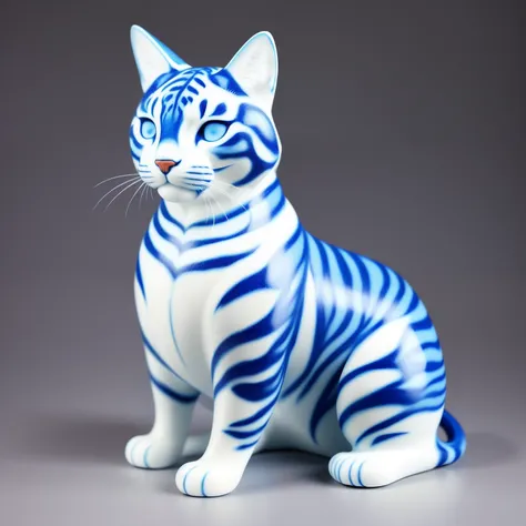 Ultra-realistic ceramic sculpture，Shaped like a Bengal cat，Painted into blue and white porcelain，Infused with blue and white porcelain cat hair texture pattern，Blue and white porcelain