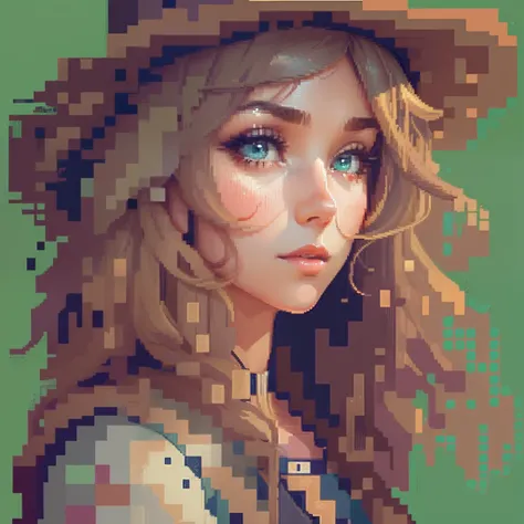 Close up portrait of woman with head and hat entirely in pixels, #pixel art:3, Anime style,1 0 0 0 x 1 0 0 0 pixel art, #pixel art, #pixel art, Character Face, lofi artstyle, /r/pixel art