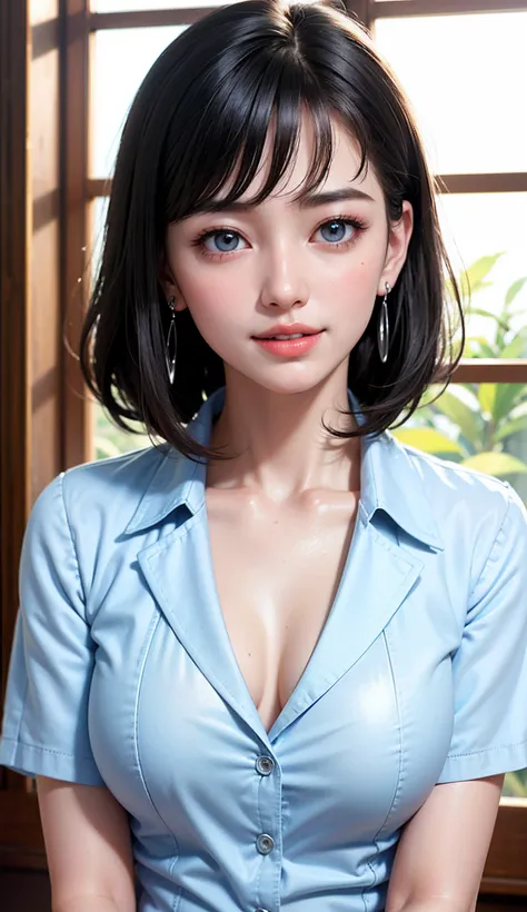 (high-level image quality、high-detail、hightquality、hight resolution、Draw everything in high resolution)、Intense crystal light blue eyes、very pale colored eyes、Smaller diamond-shaped earrings、Look firmly at the camera、Put your ears out、Beautiful black hair、...