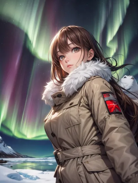 Best Quality, masutepiece, beautiful mature women、Beautiful face、Strong-minded woman、brown haired、Brown-eyed、Longhaire、Undersized eyes、Khaki winter clothes、((Arctic background))、Aurora、Looking up at the Northern Lights、Full body like、Enlarge the background