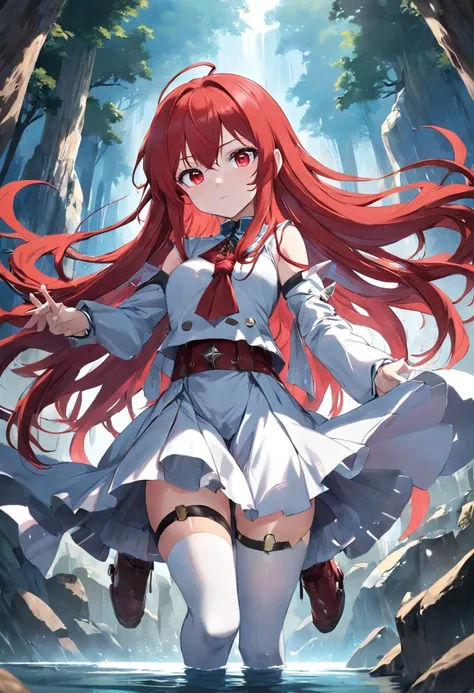 Long red hair and red eyes，Western fantasy，White and blue clothes，white stockings，animemanga girl，lakes，astonishment