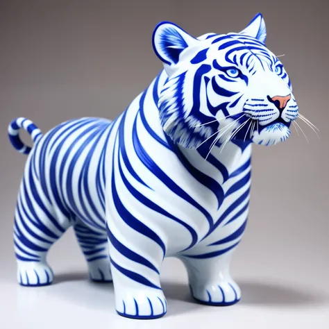 Ultra-realistic ceramic sculpture，Shaped like a Bengal tiger，Painted into blue and white porcelain，Infused with blue and white porcelain tiger feather texture pattern，Blue and white porcelain