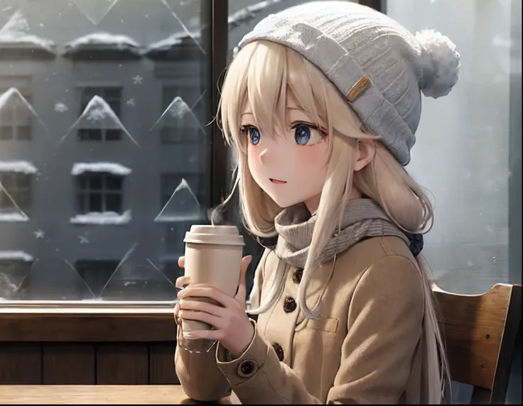 an anime girl（（（lone girl））），（（（wearing a beanie，wear clothes with woolen buttons，long blonde hair））），sit at a table in a coffee...