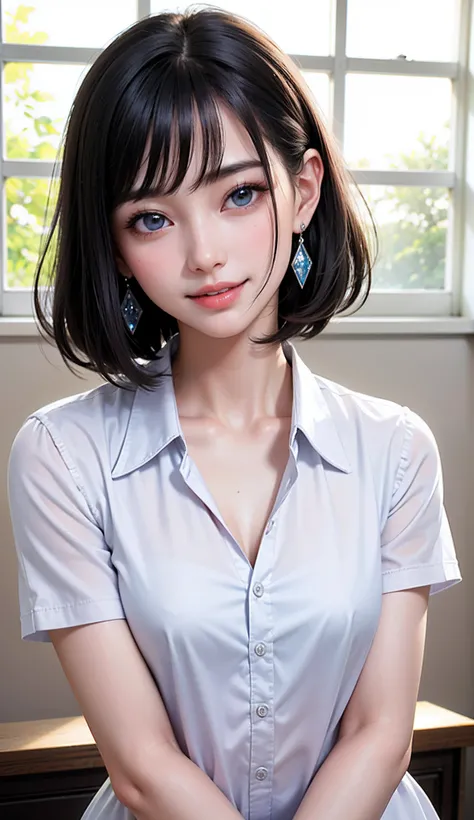 (high-level image quality、high-detail、hightquality、hight resolution、Draw everything in high resolution)、Intense crystal light blue eyes、very pale colored eyes、Smaller diamond-shaped earrings、Look firmly at the camera、Put your ears out、Beautiful black hair、...