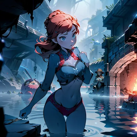 Photo of Anna of Arendelle wearing Blue gym outfit,  visible bellybutton, red panties, medium breasts, cleveage, immobilized in the air by tentacles, in a scary flooded cavern , not enjoying herself, sad look, ashamed, close-up, some slime spills on her br...