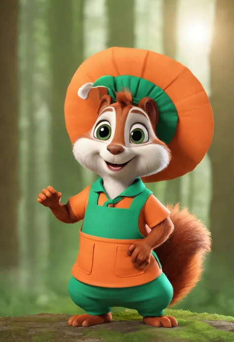 Cartoon of a squirrel wearing a green apron and orange shirt, cute cartoon image, cartoon shadows, cute characters, cute forest creatures, cartoon style, cartoon illustrations, Disney, 3D, 3D, sculpture, art, detailed