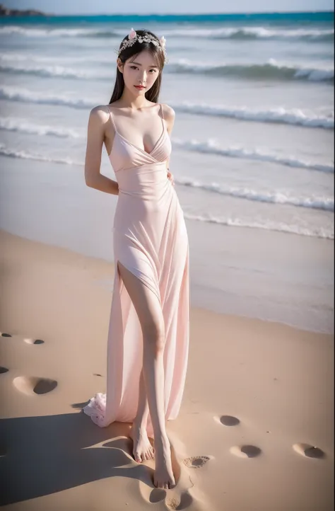 woman in the  sandbeach, Good hips and long legs,  Sexy pose, Very sexy pose, Sexy girl nipple, Attractive pose, gorgeous chinese models, sexy look at the camera, Pose by the sea, Long legs, Long thin legs, very sexy outfit，Big breasts:1.3，Delicate makeup，...