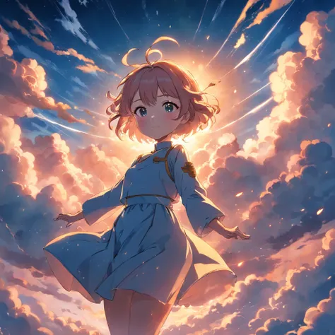 masterpiece, best quality, movie still, 1girl, cloud girl, floating in the sky, close-up, bright, happy, warm soft lighting, sunset, (sparks:0.7)