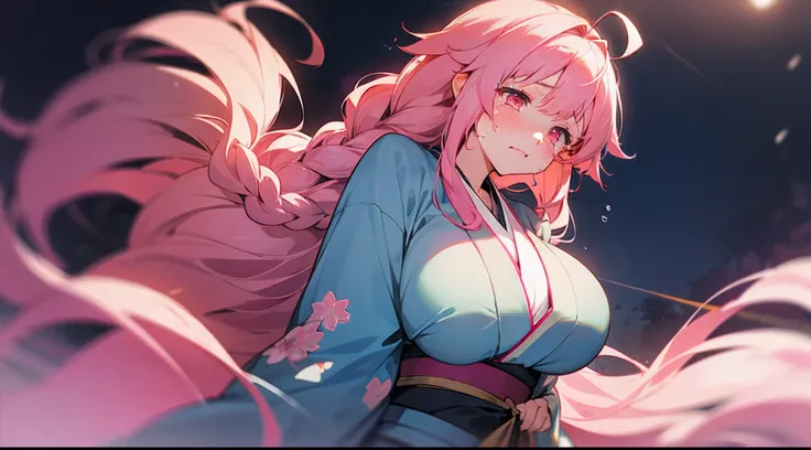 1girl, game CG, floral blue kimono, gigantic breasts, pink hair, long hair, braids, princess hairstyle, ahoge, pink eyes, night, tears, sad,