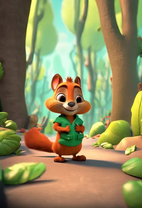 Cartoon of a squirrel wearing a green apron and orange shirt, cute cartoon image, cartoon shadows, cute characters, cute forest creatures, cartoon style, cartoon illustrations, Disney, 3D, 3D, sculpture, art, detailed