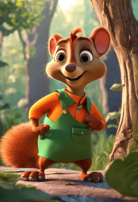 Cartoon of a squirrel wearing a green apron and orange shirt, cute cartoon image, cartoon shadows, cute characters, cute forest creatures, cartoon style, cartoon illustrations, Disney, 3D, 3D, sculpture, art, detailed