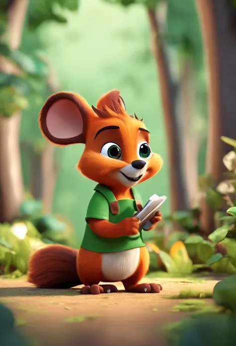 Cartoon of a squirrel wearing a green apron and orange shirt, cute cartoon image, cartoon shadows, cute characters, cute forest creatures, cartoon style, cartoon illustrations, Disney, 3D, 3D, sculpture, art, detailed