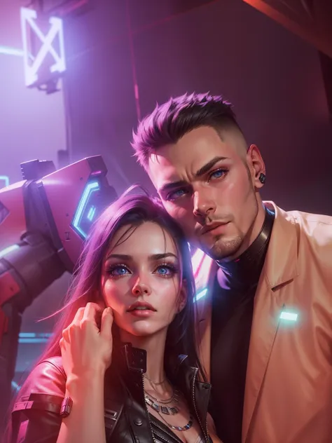 Change background cyber punk sexy boy and girl, realistic face, 8k, ultra realistic,